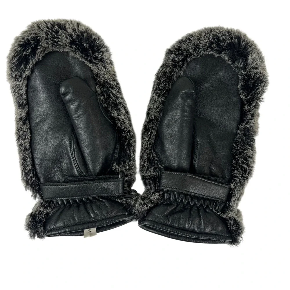 Kombi Womens Small Black Leather Grey Faux Fur Mittens Winter Gloves‎